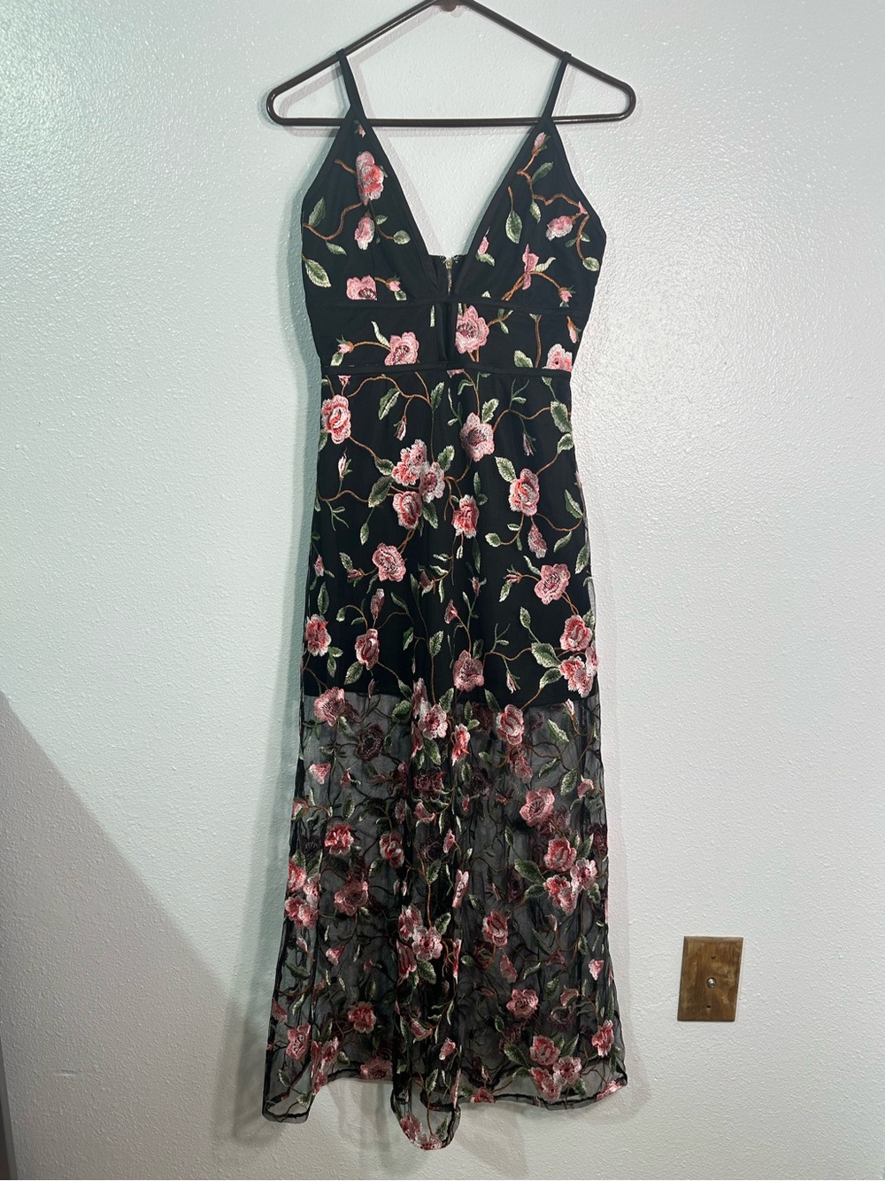 Woven Pink Women’s Small Floral Embroidered Maxi Dress Black Pink Sheer Strappy